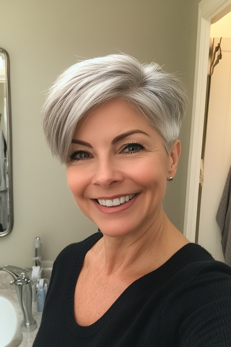 24. Voluminous Tapered Pixie in Silver Gray (Short Hairstyles For Women Over 40) - Short Hairstyles For Women Over 40