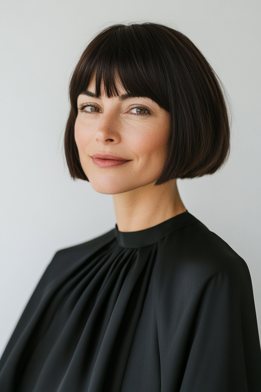 25. Sculpted Bowl Cut in Dark Chestnut (Short Hairstyles For Women Over 40) - Short Hairstyles For Women Over 40