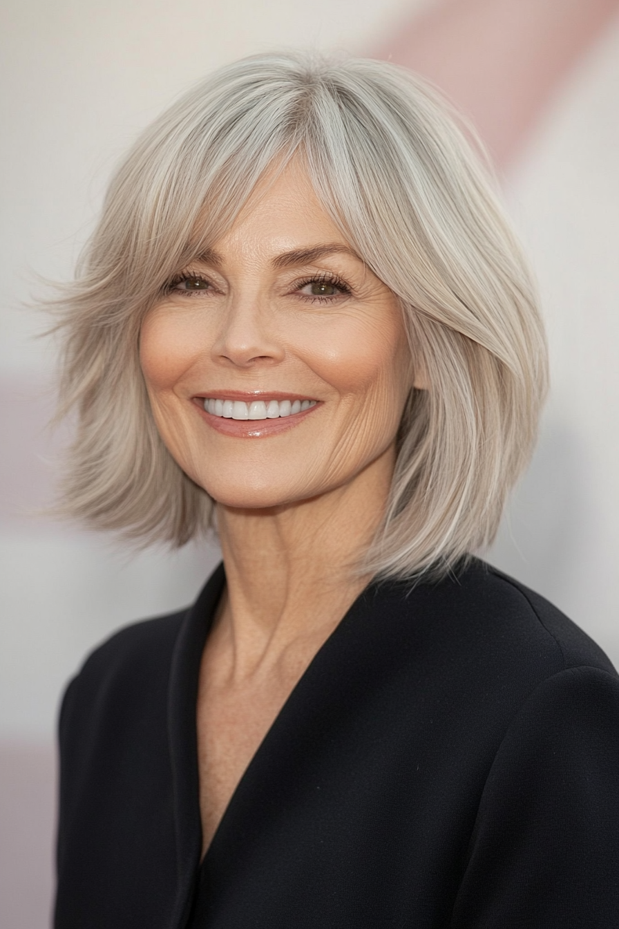 1. Feathered Bob in Soft Ash Blonde (Layered Haircuts For Older Women) - Layered Haircuts For Older Women