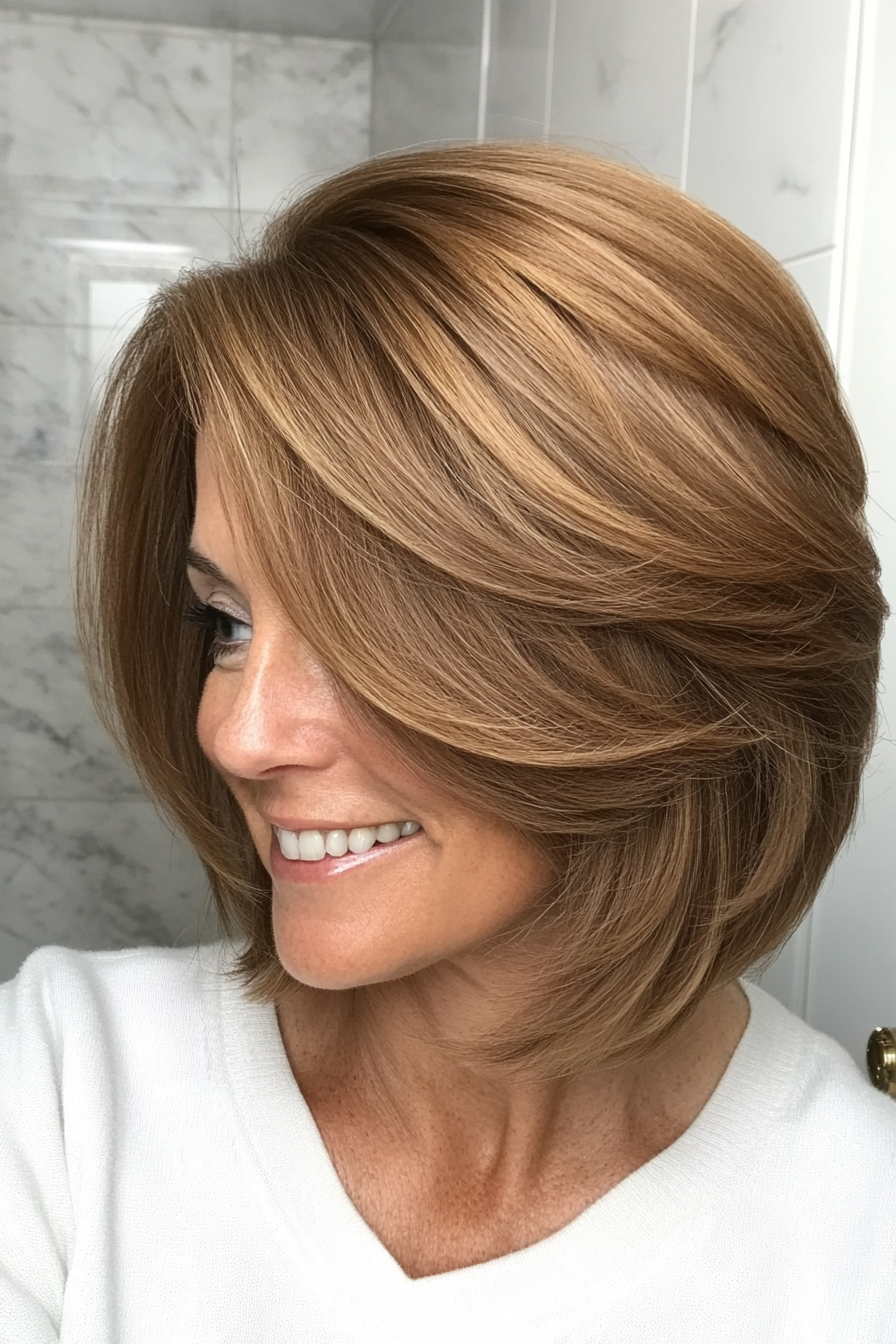 4. Classic Layered Lob in Warm Honey Brown (Layered Haircuts For Older Women) - Layered Haircuts For Older Women