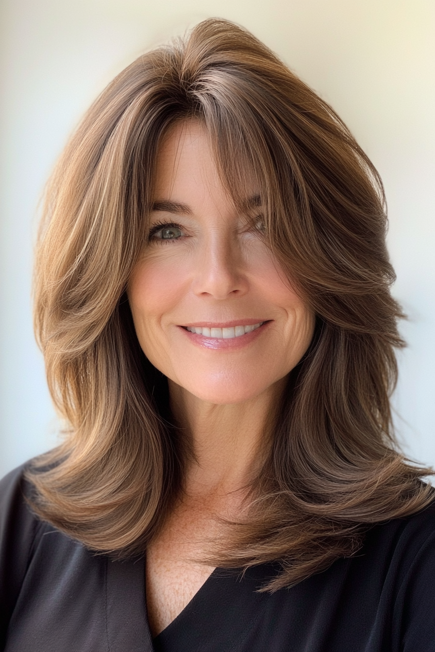 5. Soft Shag with Curtain Bangs in Dark Mocha (Layered Haircuts For Older Women) - Layered Haircuts For Older Women