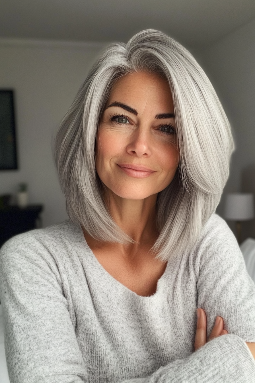 7. Stacked Bob in Silvery Gray (Layered Haircuts For Older Women) - Layered Haircuts For Older Women