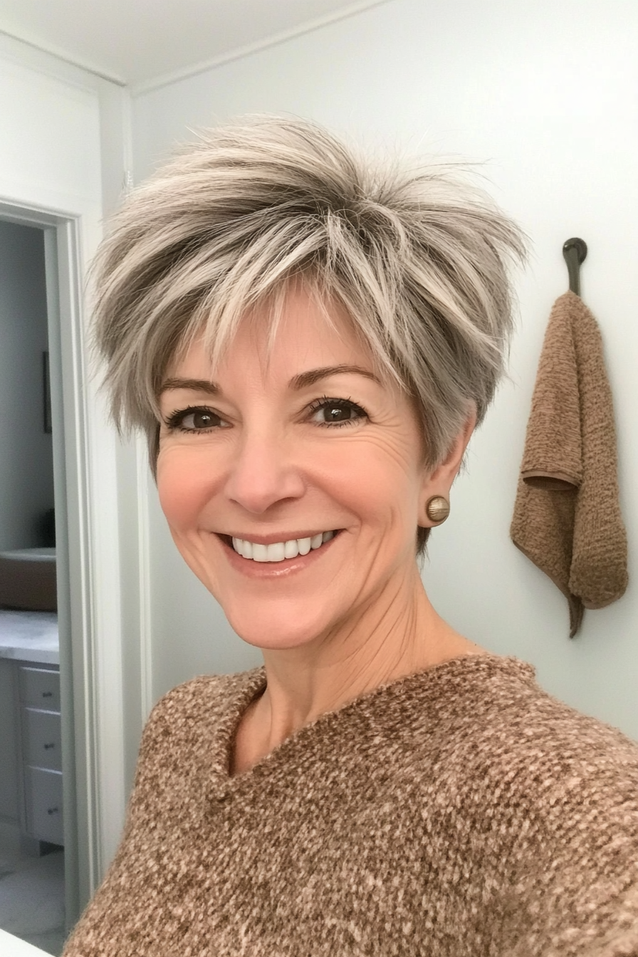 9. Voluminous Layered Pixie in Salt-and-Pepper (Layered Haircuts For Older Women) - Layered Haircuts For Older Women
