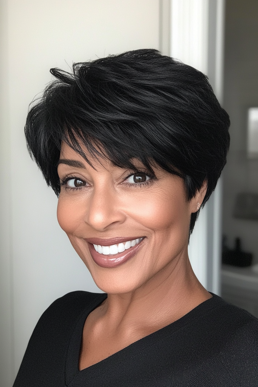 10. Layered Crop Cut in Natural Black (Layered Haircuts For Older Women) - Layered Haircuts For Older Women