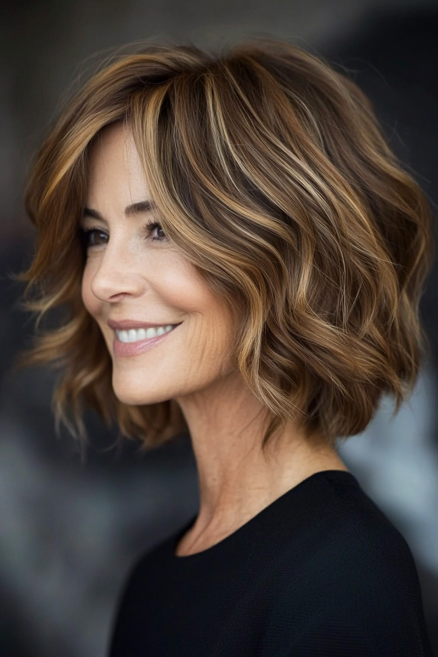 11. Wavy Layered Bob in Warm Caramel Brown (Layered Haircuts For Older Women) - Layered Haircuts For Older Women
