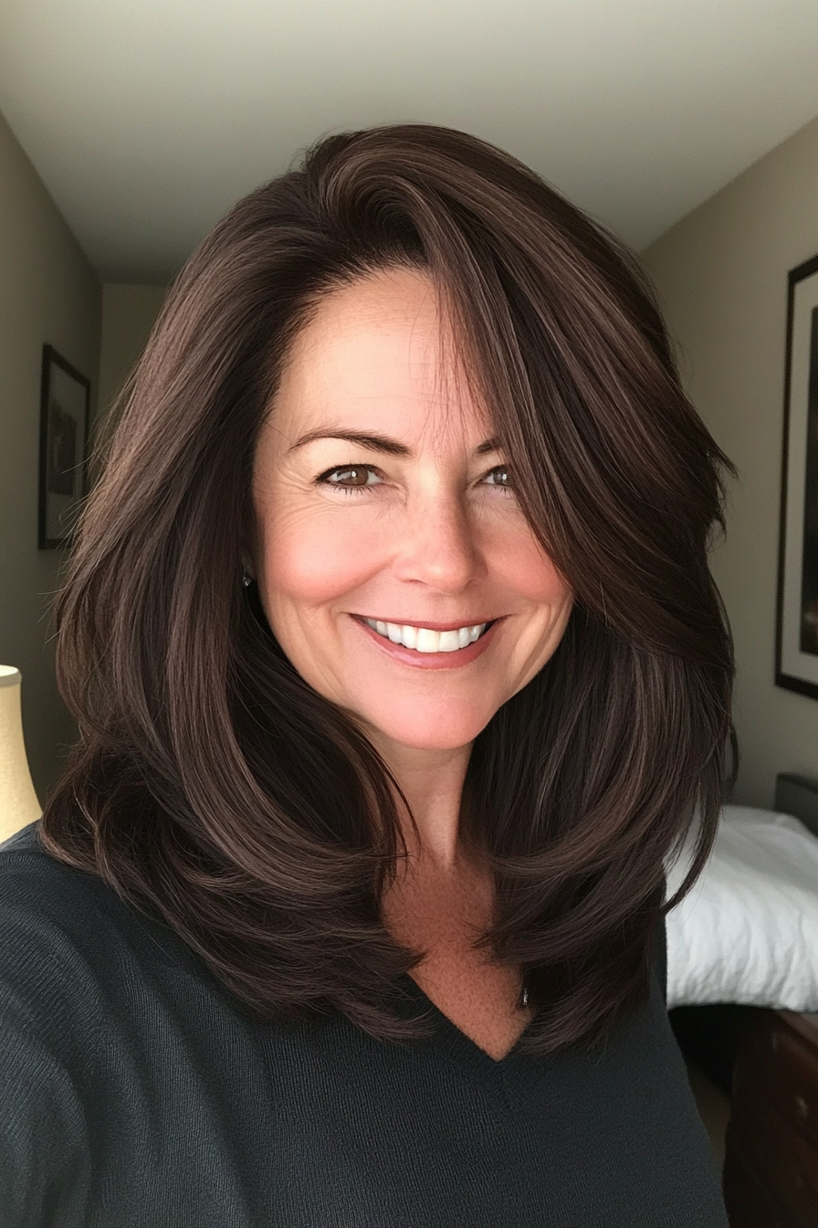 12. Sleek Shoulder-Length Layers in Dark Chocolate Brown (Layered Haircuts For Older Women) - Layered Haircuts For Older Women