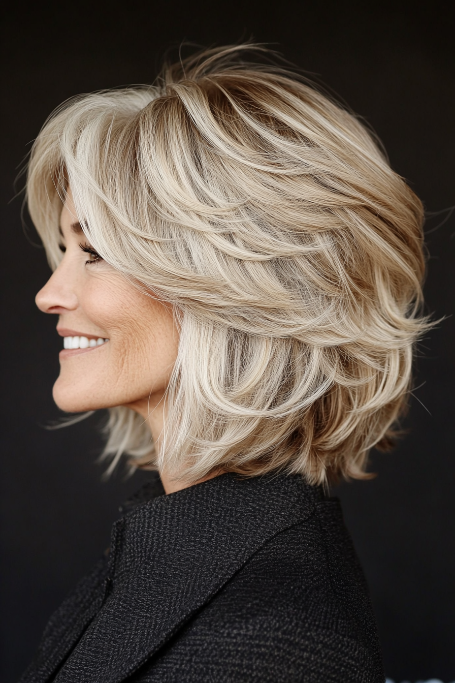 13. Tousled Chin-Length Bob in Soft Beige Blonde (Layered Haircuts For Older Women) - Layered Haircuts For Older Women