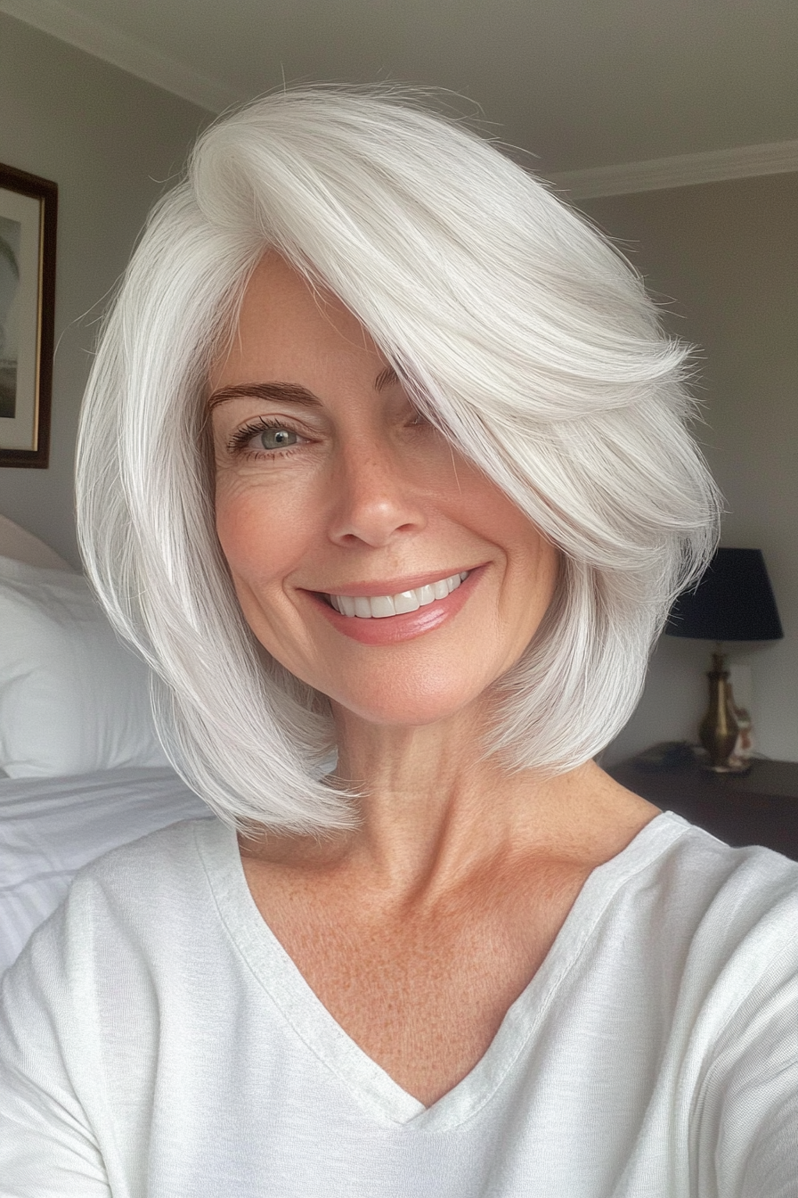 15. Short Feathered Layers in Snowy White (Layered Haircuts For Older Women) - Layered Haircuts For Older Women