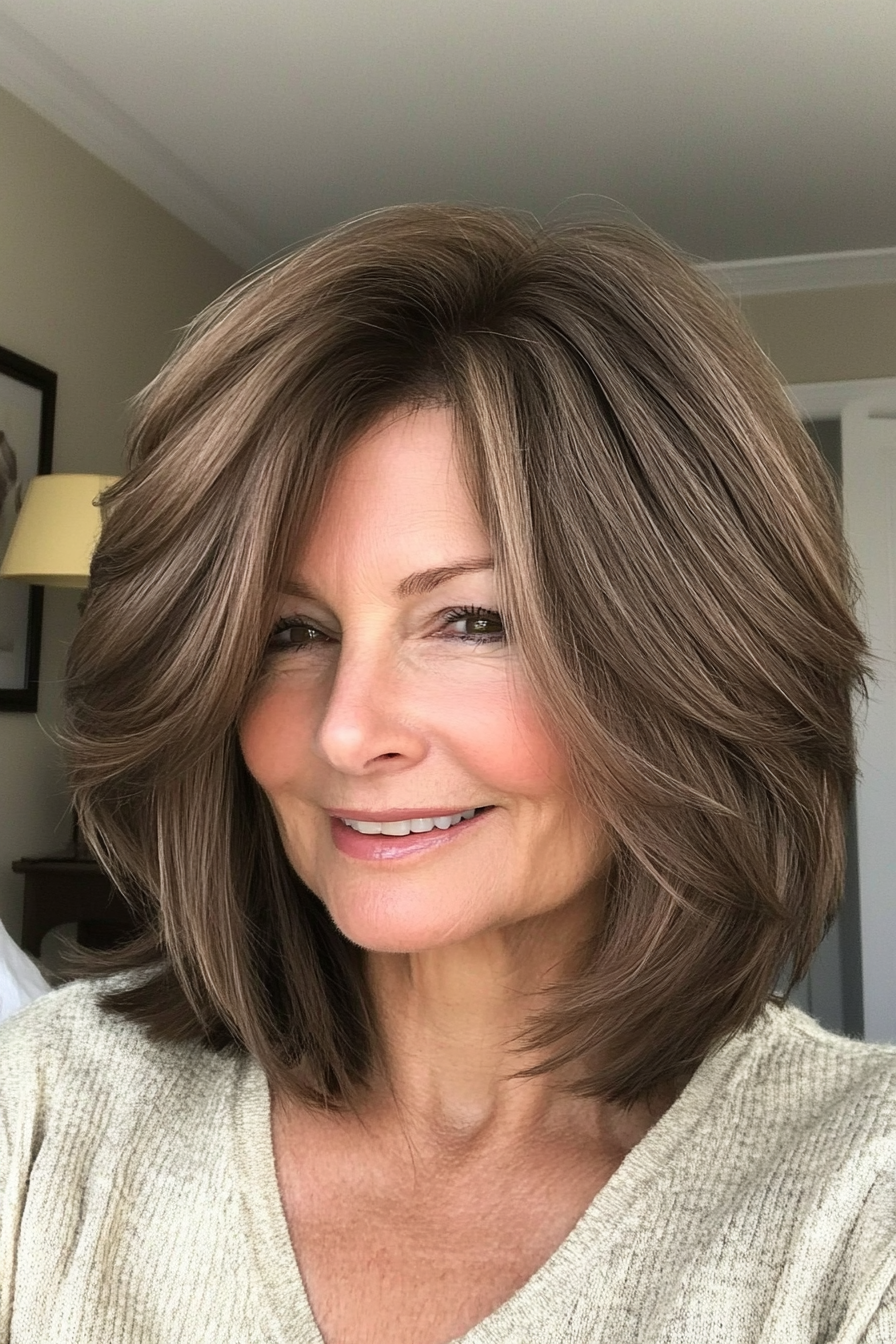 16. Choppy Layered Lob in Ash Brown (Layered Haircuts For Older Women) - Layered Haircuts For Older Women