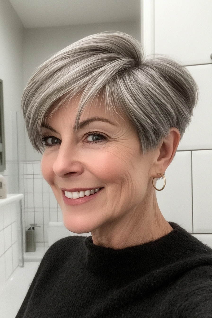 17. Tapered Pixie with Side-Swept Bangs in Natural Gray (Layered Haircuts For Older Women) - Layered Haircuts For Older Women