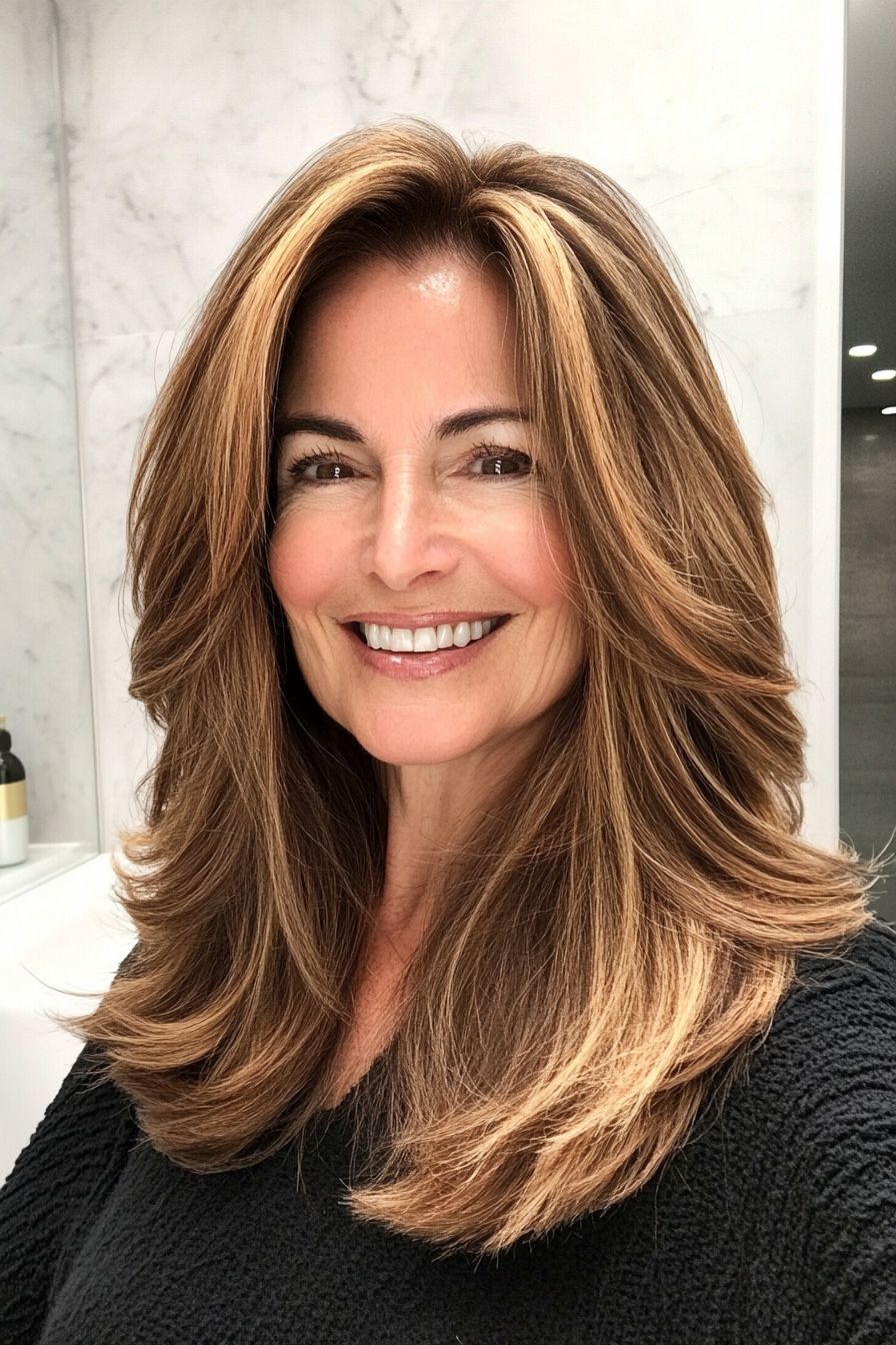 20. Long Subtle Layers in Chestnut with Golden Highlights (Layered Haircuts For Older Women) - Layered Haircuts For Older Women