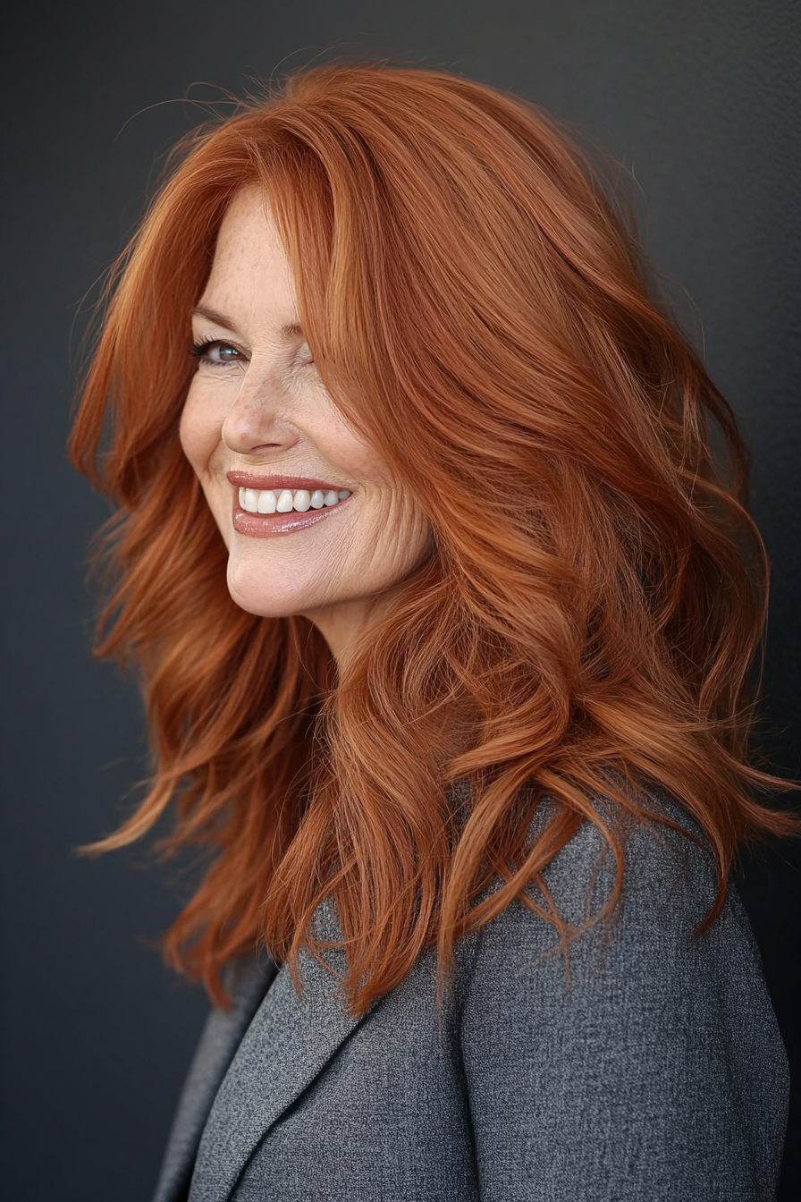 22. Wavy Medium-Length Layers in Soft Copper Red (Layered Haircuts For Older Women) - Layered Haircuts For Older Women