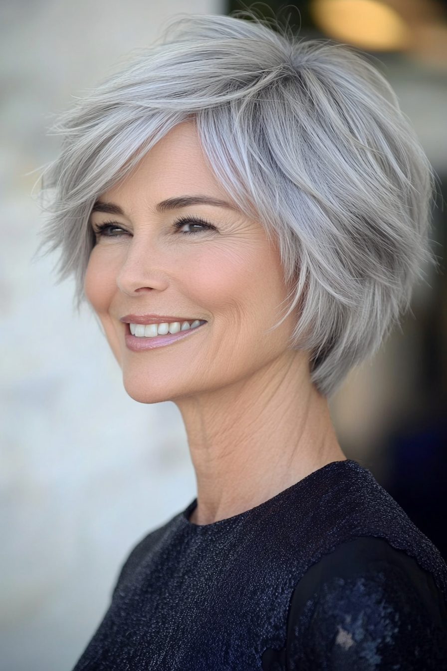 23. Chin-Length Layered Cut in Natural Silver (Layered Haircuts For Older Women) - Layered Haircuts For Older Women