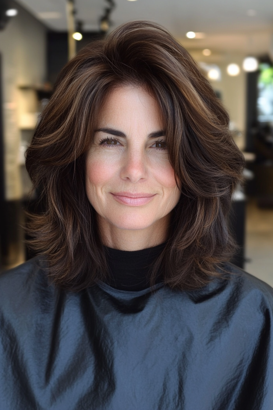 24. Modern Blended Layers in Rich Espresso Brown (Layered Haircuts For Older Women) - Layered Haircuts For Older Women