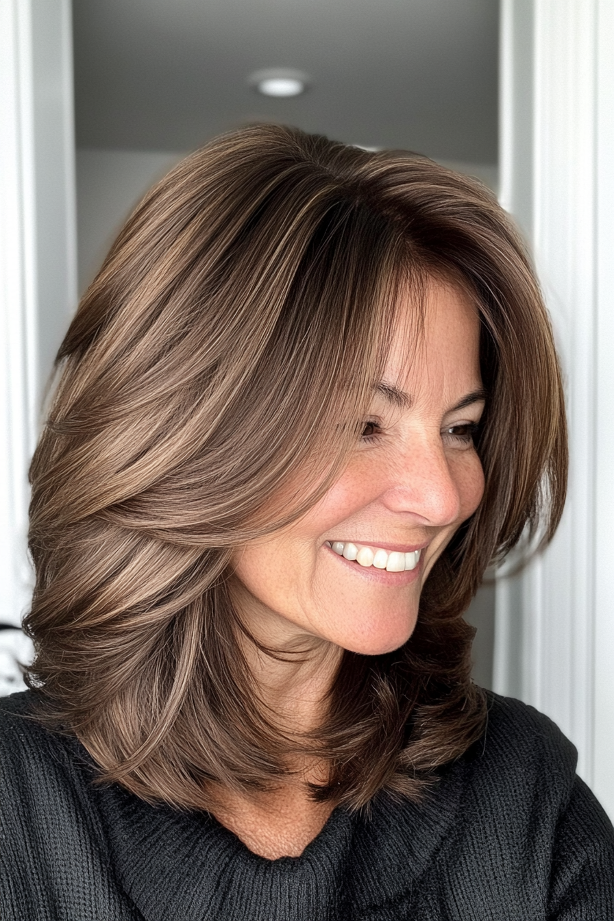 25. Sleek Layered Lob in Warm Brunette (Layered Haircuts For Older Women) - Layered Haircuts For Older Women