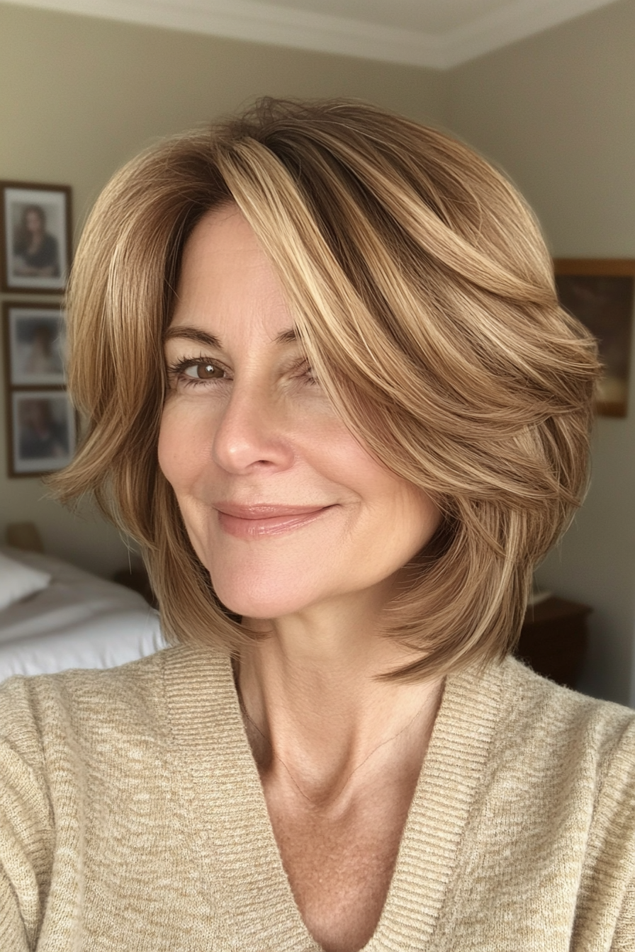 26. Medium-Length Layered Bob in Subtle Golden Brown (Layered Haircuts For Older Women) - Layered Haircuts For Older Women