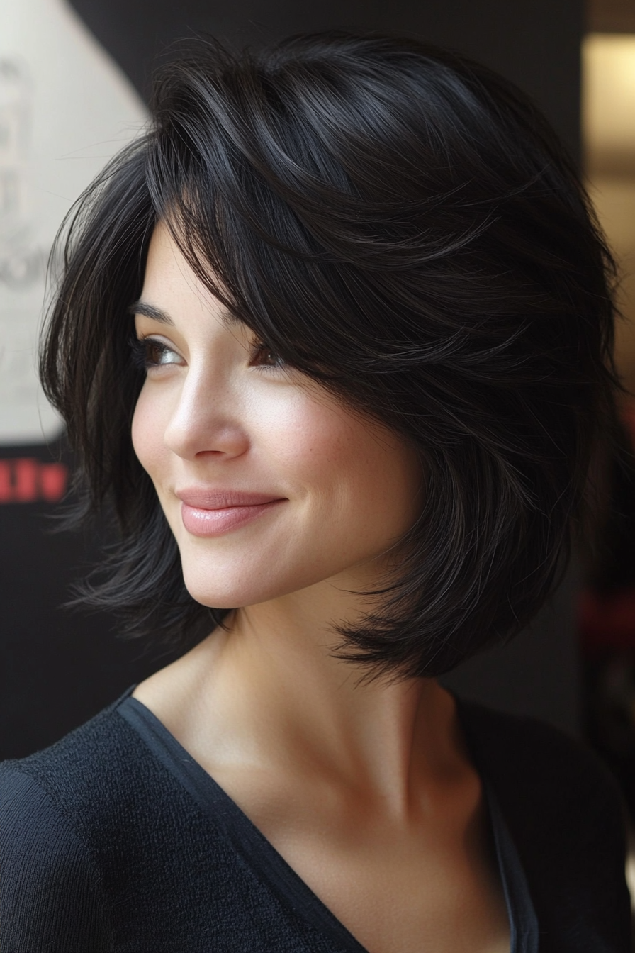 4. Layered Bob with Curtain Bangs in Soft Black (Shaggy Bob Hairstyles For Fine Hair) - Shaggy Bob Hairstyles For Fine Hair