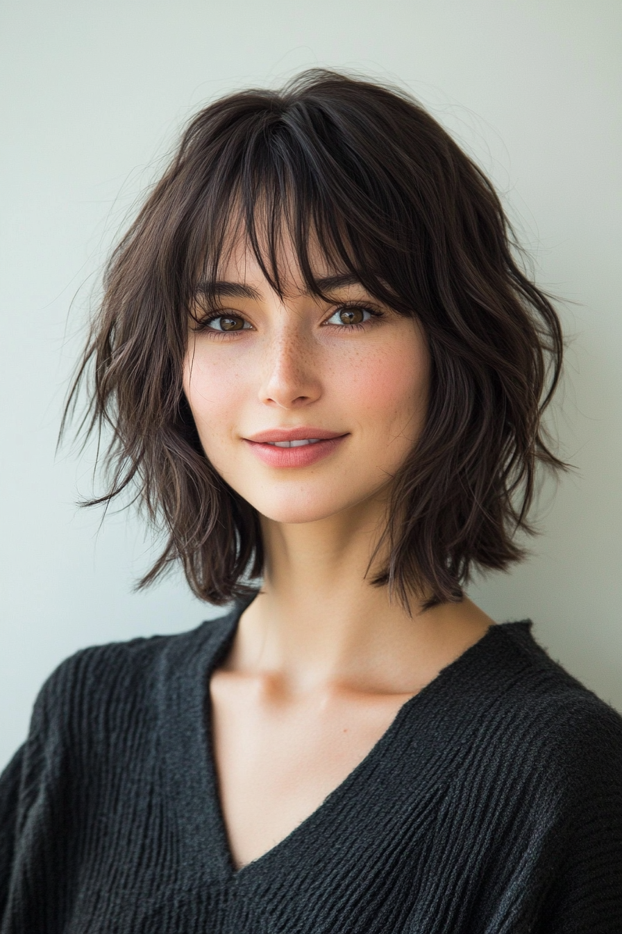 10. Short Shag Bob with Micro Bangs in Soft Espresso (Shaggy Bob Hairstyles For Fine Hair) - Shaggy Bob Hairstyles For Fine Hair