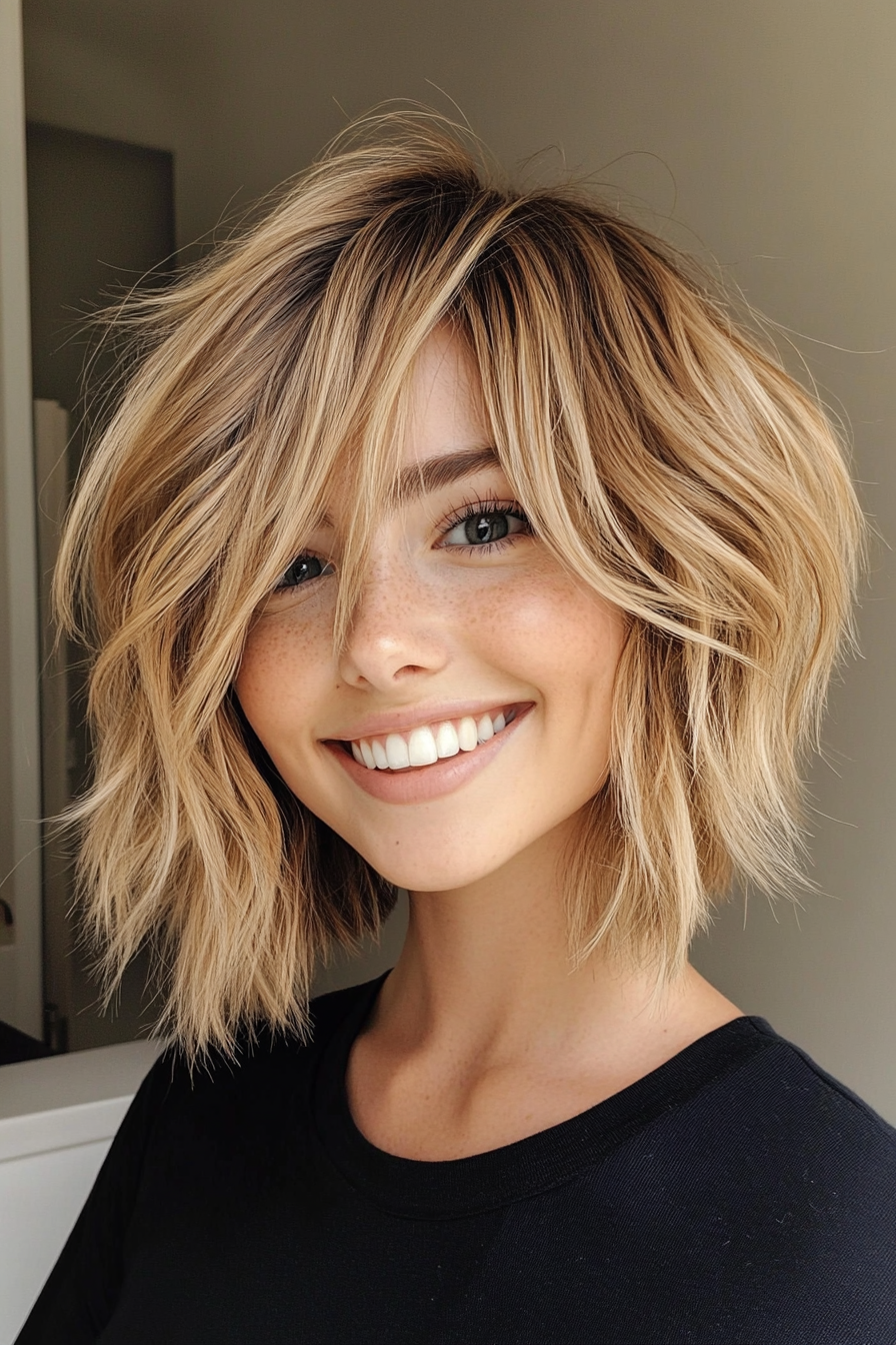 11. Textured Bob with Side Bangs in Golden Blonde (Shaggy Bob Hairstyles For Fine Hair) - Shaggy Bob Hairstyles For Fine Hair