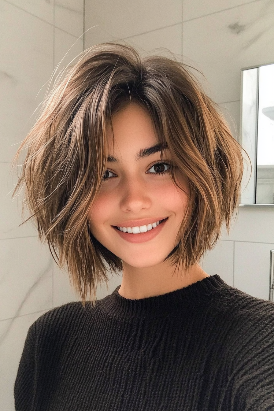 15. Rounded Shaggy Bob in Soft Brown with Caramel Highlights (Shaggy Bob Hairstyles For Fine Hair) - Shaggy Bob Hairstyles For Fine Hair