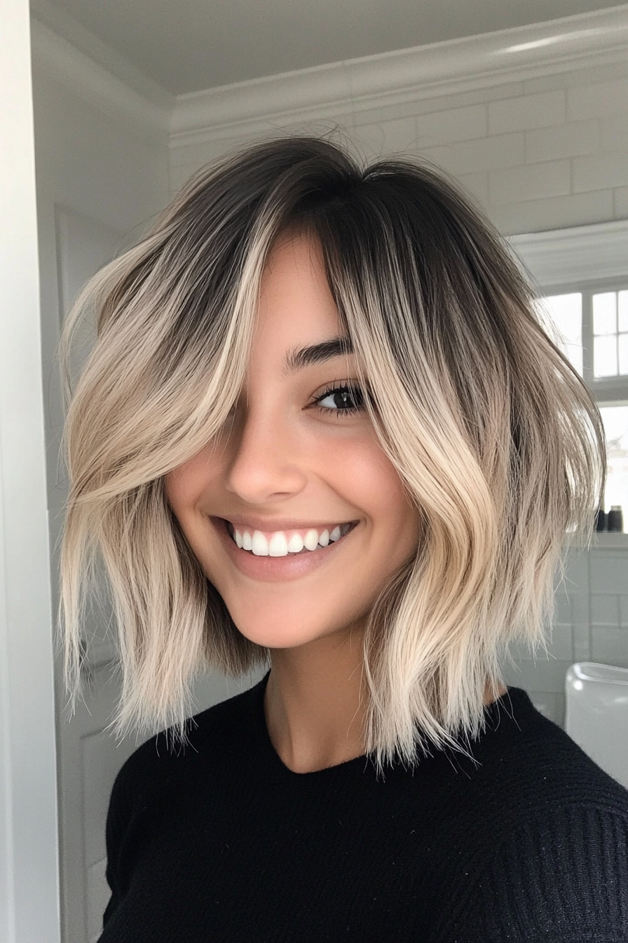 16. Tapered Shag Bob in Ash Blonde with Dark Roots (Shaggy Bob Hairstyles For Fine Hair) - Shaggy Bob Hairstyles For Fine Hair