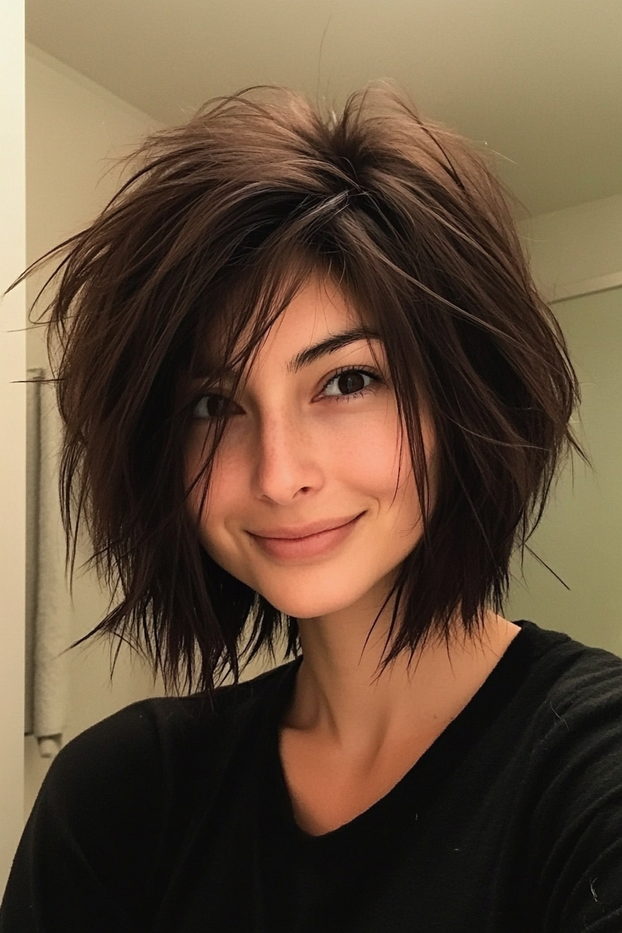 17. Piece-y Bob in Dark Mahogany Brown (Shaggy Bob Hairstyles For Fine Hair) - Shaggy Bob Hairstyles For Fine Hair