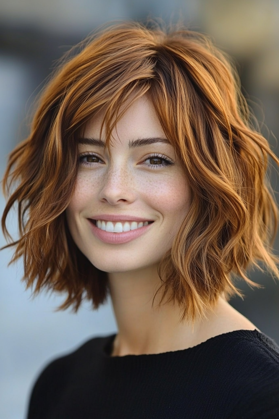 18. Mid-Length Tousled Bob in Warm Chestnut (Shaggy Bob Hairstyles For Fine Hair) - Shaggy Bob Hairstyles For Fine Hair