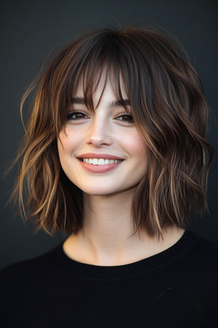 19. Fringed Shaggy Bob in Deep Coffee Brown (Shaggy Bob Hairstyles For Fine Hair) - Shaggy Bob Hairstyles For Fine Hair