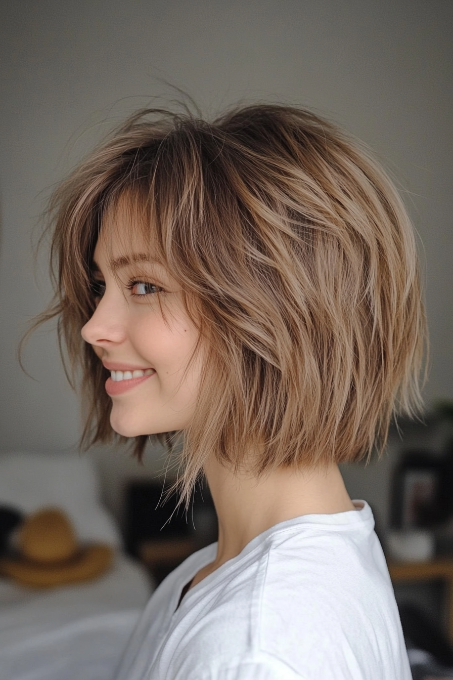 21. Short Shag Bob with Wispy Bangs in Light Mocha Brown (Shaggy Bob Hairstyles For Fine Hair) - Shaggy Bob Hairstyles For Fine Hair