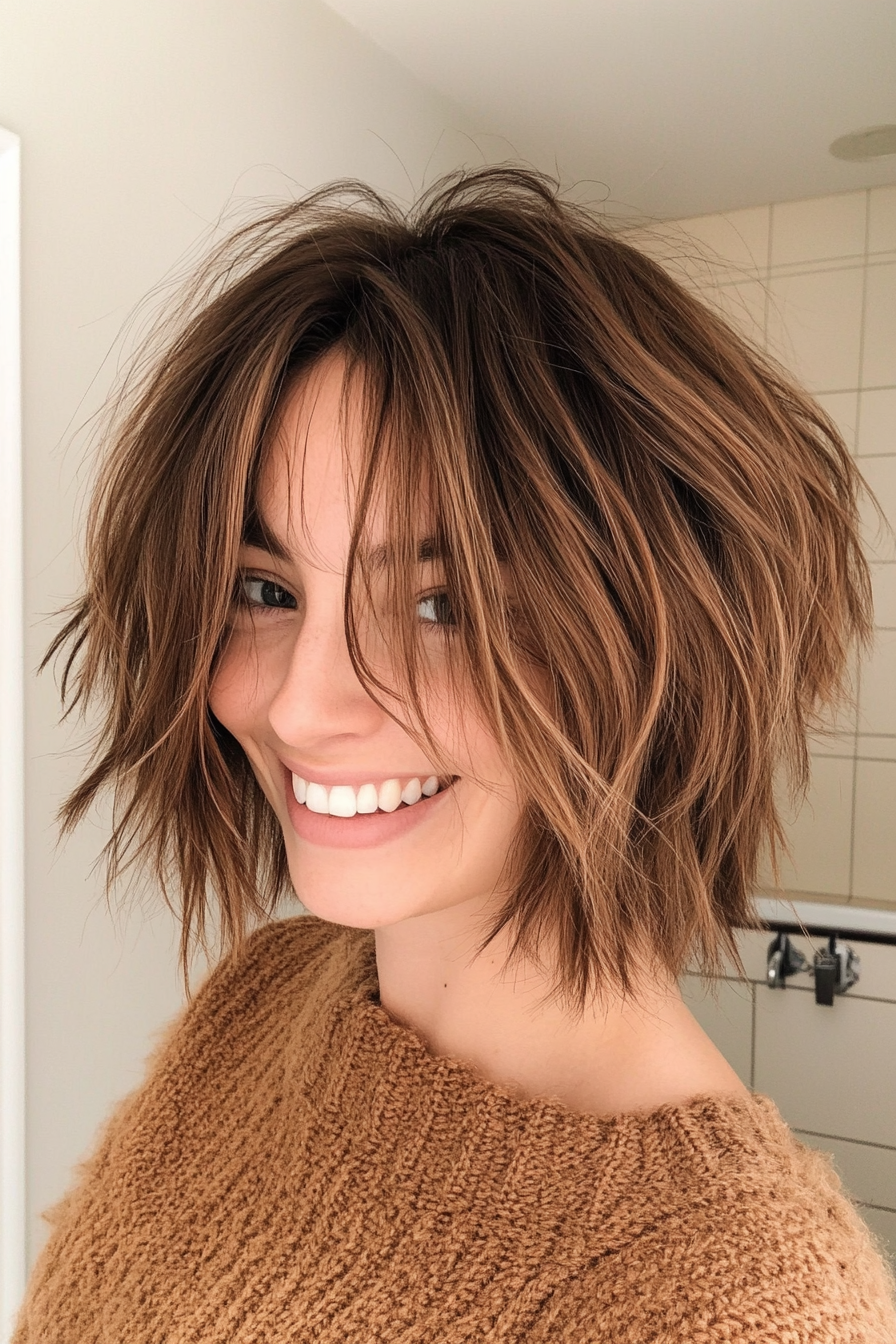 22. Messy Chin-Length Bob in Warm Hazelnut (Shaggy Bob Hairstyles For Fine Hair) - Shaggy Bob Hairstyles For Fine Hair