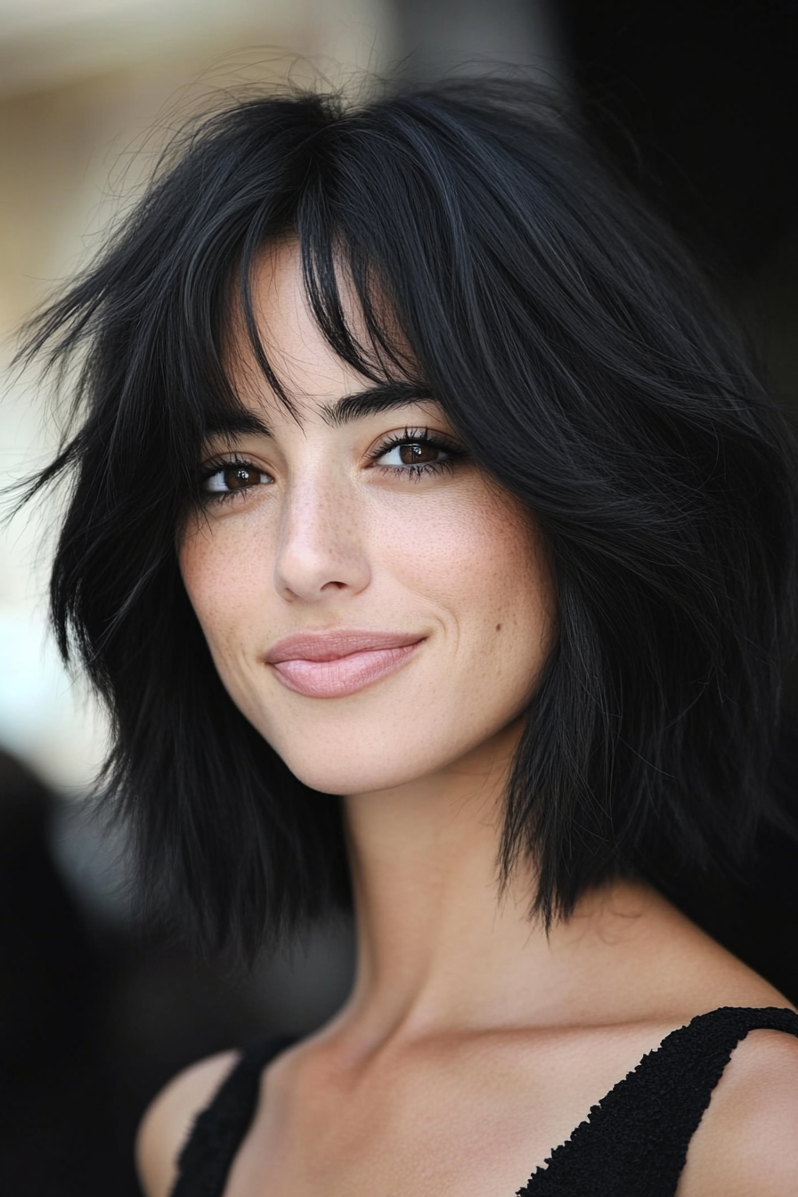 24. Sleek Layered Bob in Natural Black (Shaggy Bob Hairstyles For Fine Hair) - Shaggy Bob Hairstyles For Fine Hair