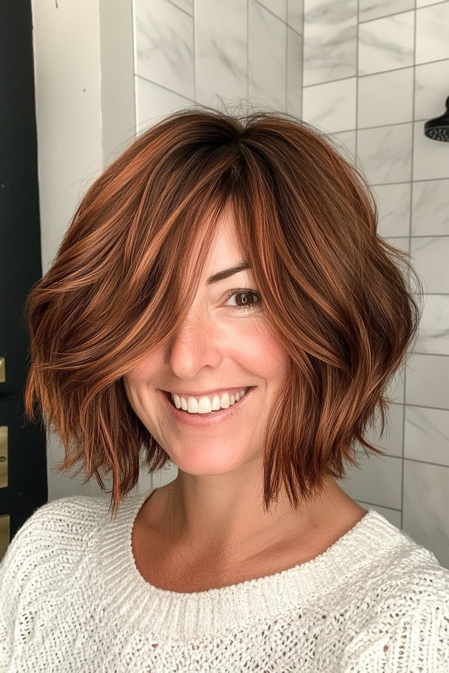 27. Shoulder-Length Choppy Bob in Dark Copper Brown (Shaggy Bob Hairstyles For Fine Hair) - Shaggy Bob Hairstyles For Fine Hair