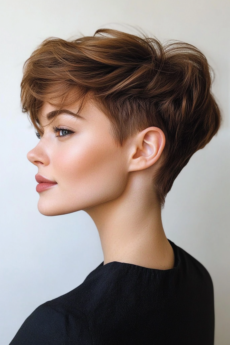 19. Cinnamon Brown Undercut Pixie with Soft Waves (Undercut Pixie Hairstyles) - Undercut Pixie Hairstyles