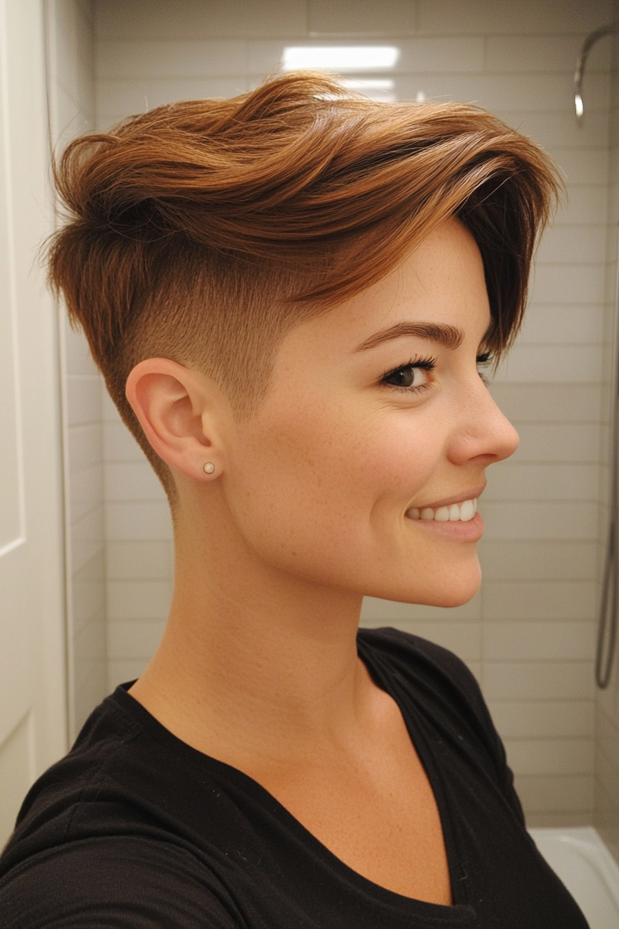 25. Toffee Brown Pixie with Deep Side Part (Undercut Pixie Hairstyles) - Undercut Pixie Hairstyles
