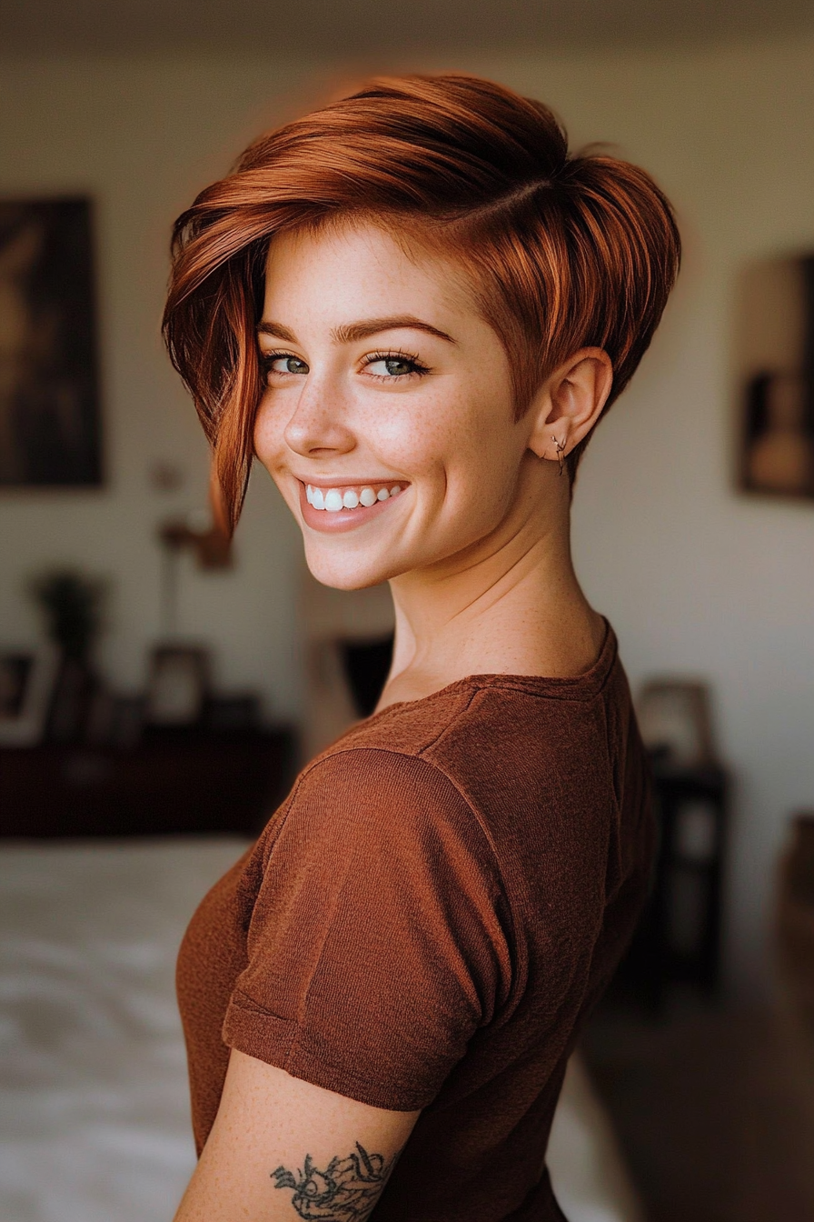 26. Deep Copper Undercut Pixie with Tapered Edges (Undercut Pixie Hairstyles) - Undercut Pixie Hairstyles