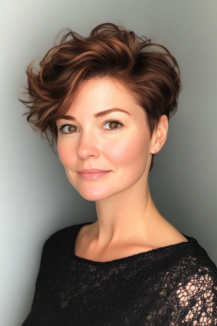 27. Chestnut Brown Undercut Pixie with Soft Undone Curls (Undercut Pixie Hairstyles) - Undercut Pixie Hairstyles