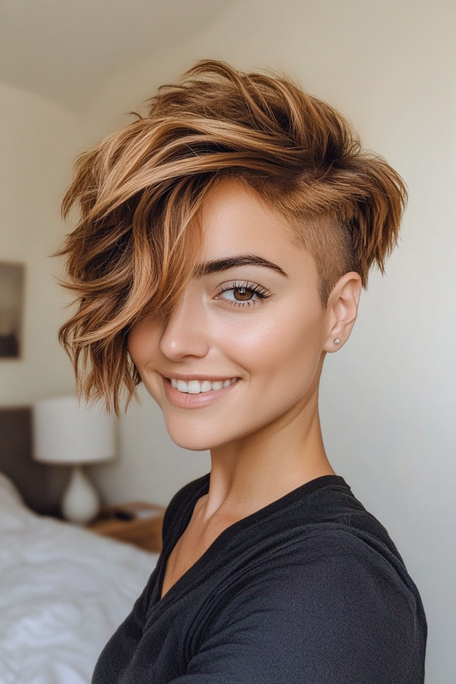 7. Sun-Kissed Caramel Wavy Pixie (Undercut Pixie Hairstyles) - Undercut Pixie Hairstyles