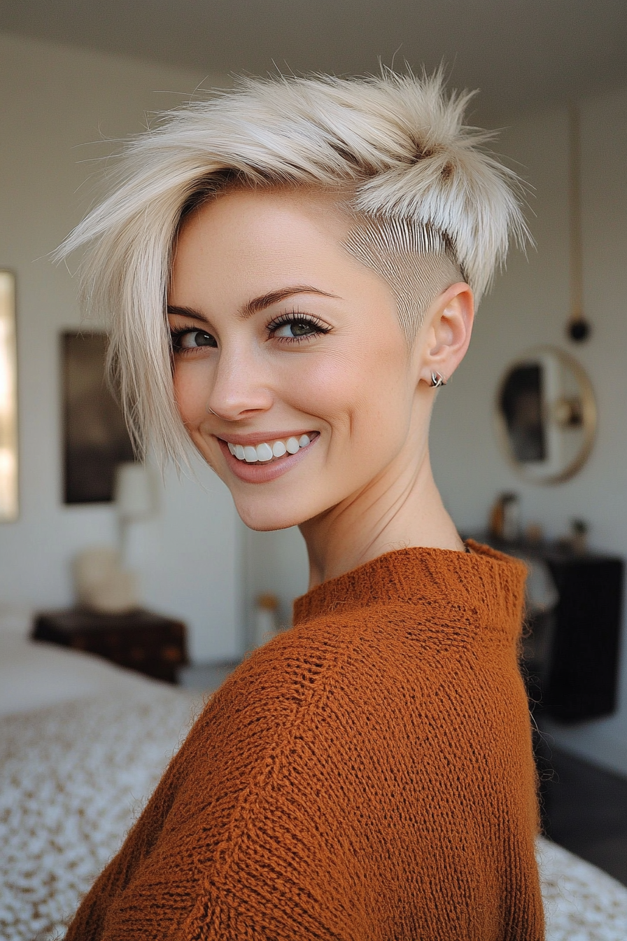 10. Platinum Blonde Edgy Undercut Pixie (Undercut Pixie Hairstyles) - Undercut Pixie Hairstyles