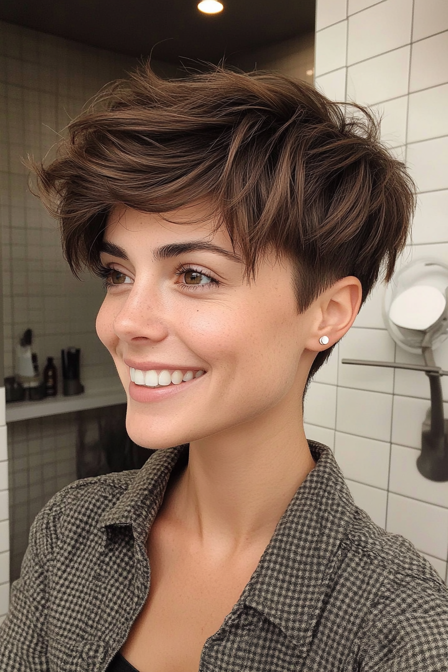 15. Smoky Brown Layered Pixie Cut (Undercut Pixie Hairstyles) - Undercut Pixie Hairstyles