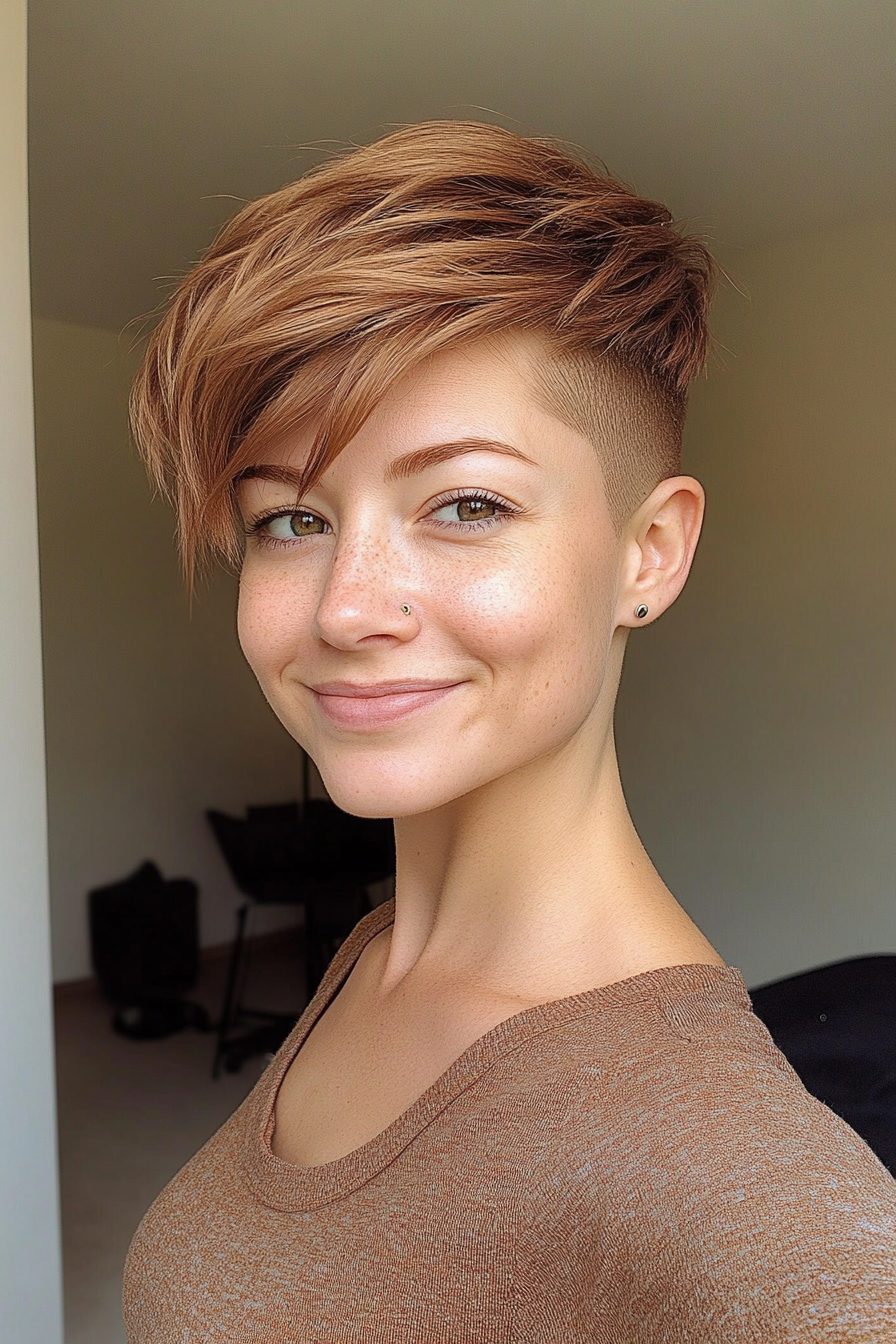 16. Golden Chestnut Undercut Pixie with Side Bangs (Undercut Pixie Hairstyles) - Undercut Pixie Hairstyles