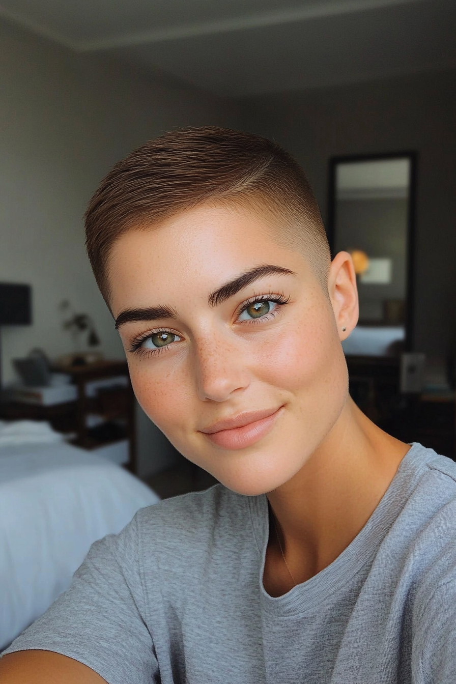 19. Minimalist Buzz Cut in Deep Brown (Short Haircuts For Women With Straight Hair) - Short Haircuts For Women With Straight Hair