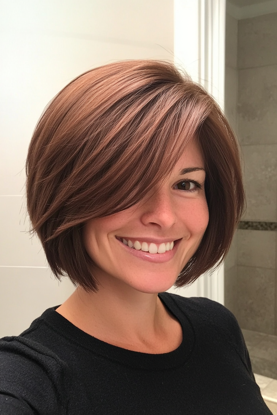 22. Layered Bob with Side Bangs in Mahogany Brown (Short Haircuts For Women With Straight Hair) - Short Haircuts For Women With Straight Hair