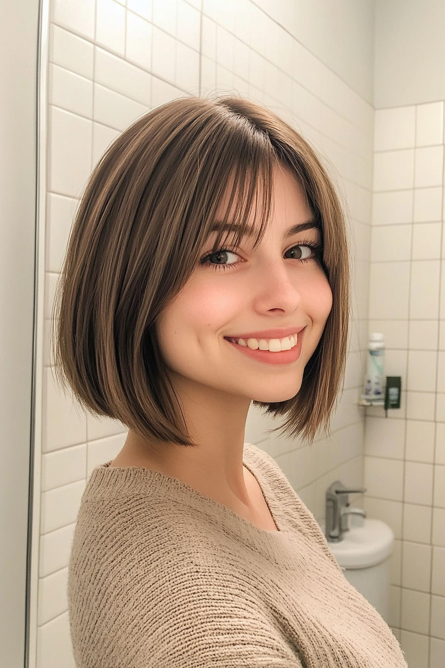 25. Curtain Bangs Bob in Smoky Brown (Short Haircuts For Women With Straight Hair) - Short Haircuts For Women With Straight Hair