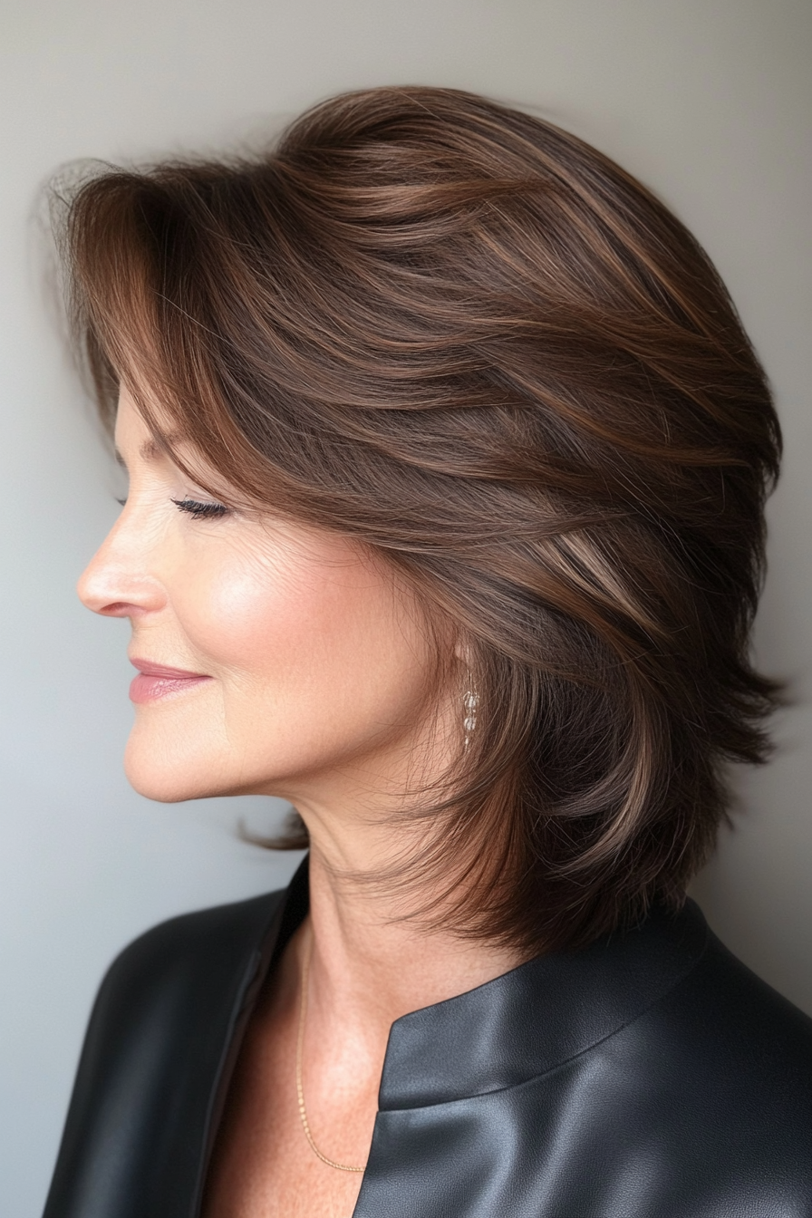 1. Soft Feathered Bob in Chestnut Brown (Layered Bob Haircuts For Women Over 50) - Layered Bob Haircuts For Women Over 50