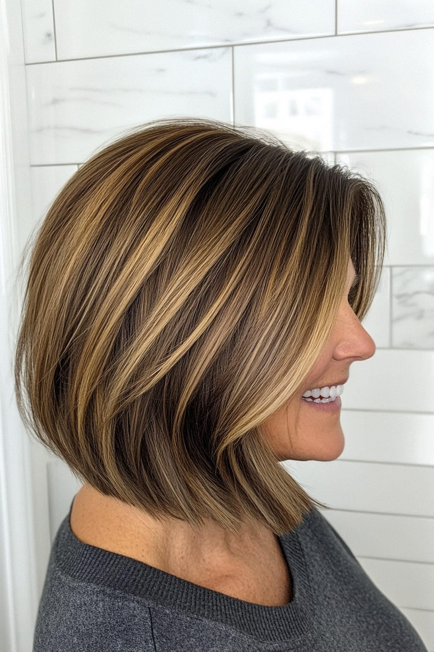 2. Tapered Bob with Light Ash Brown Highlights (Layered Bob Haircuts For Women Over 50) - Layered Bob Haircuts For Women Over 50