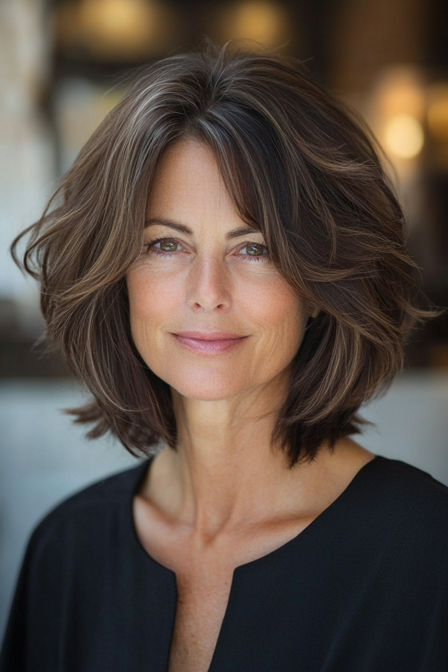 4. Classic Layered Bob in Deep Espresso Brown (Layered Bob Haircuts For Women Over 50) - Layered Bob Haircuts For Women Over 50