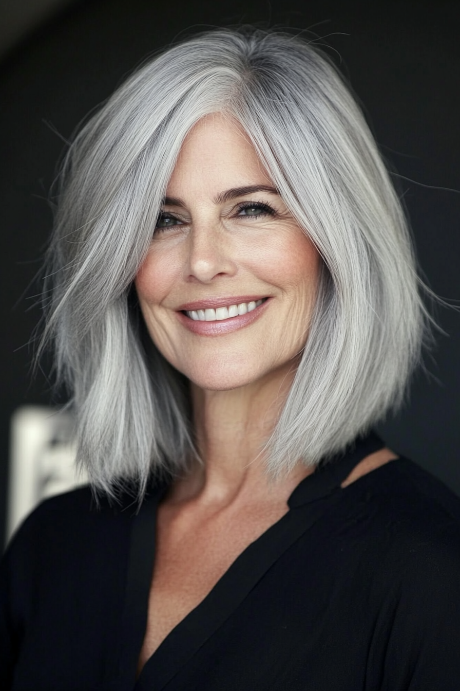 5. Side-Parted Bob in Natural Silver (Layered Bob Haircuts For Women Over 50) - Layered Bob Haircuts For Women Over 50