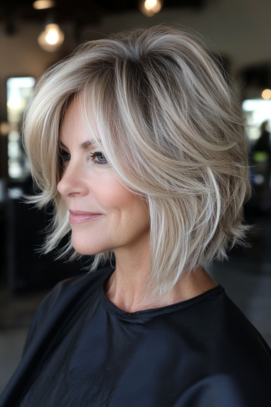 8. Angled Layered Bob in Sandy Blonde (Layered Bob Haircuts For Women Over 50) - Layered Bob Haircuts For Women Over 50
