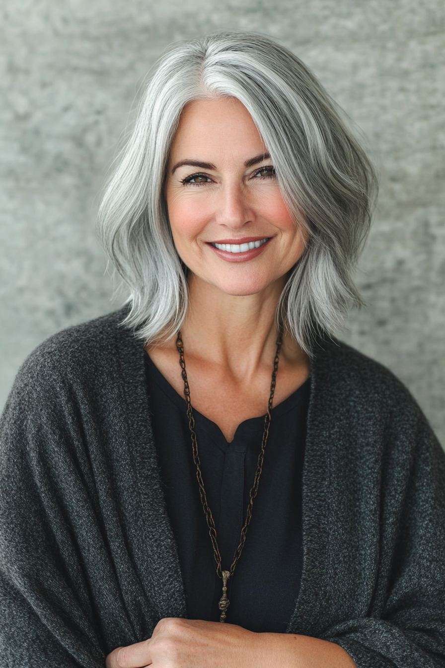11. Long Layered Bob in Soft Charcoal Gray (Layered Bob Haircuts For Women Over 50) - Layered Bob Haircuts For Women Over 50