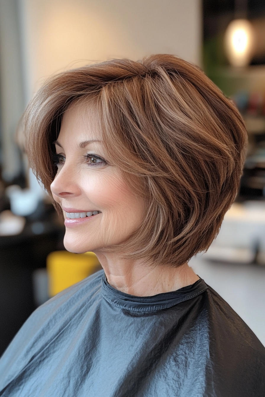 13. Stacked Bob in Warm Chestnut Brown (Layered Bob Haircuts For Women Over 50) - Layered Bob Haircuts For Women Over 50